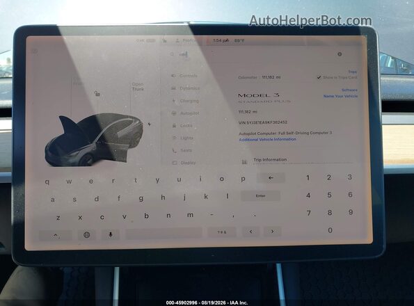 5YJ3E1EA9KF362452 2019 TESLA MODEL 3 Gray Հետևի նստատեղերի տեսք