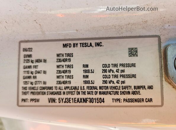 5YJ3E1EAXNF301504 2022 TESLA MODEL Белый Вид наклейки с VIN-кодом