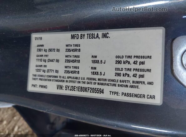 5YJ3E1EB0KF205594 2019 TESLA MODEL 3 Gray Вид підкапотного простору