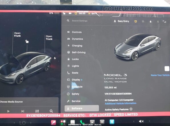 5YJ3E1EB0KF205594 2019 TESLA MODEL 3 Gray 