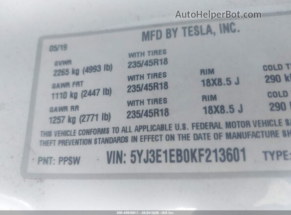 5YJ3E1EB0KF213601 2019 TESLA MODEL 3 White Вид підкапотного простору