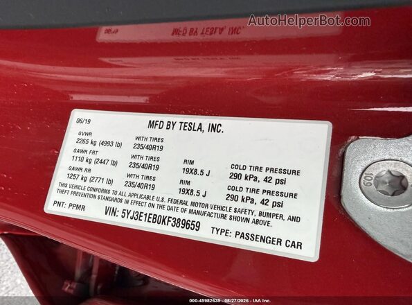 5YJ3E1EB0KF389659 2019 TESLA MODEL 3 Red Widok komory silnika