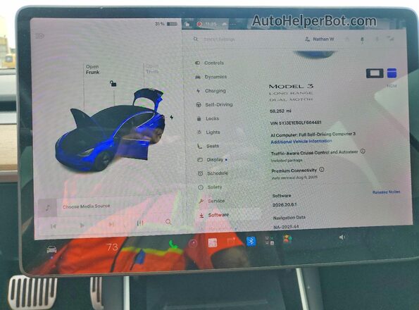 5YJ3E1EB0LF664481 2020 TESLA MODEL Blue Вид щитка приладів