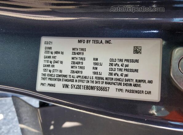 5YJ3E1EB0MF936657 2021 TESLA MODEL Gray Engine compartment view