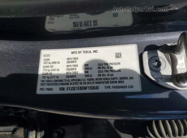 5YJ3E1EB0NF193645 2022 TESLA MODEL Gray Engine compartment view