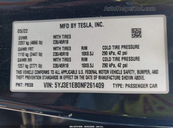 5YJ3E1EB0NF261409 2022 TESLA MODEL 3 Black Widok komory silnika
