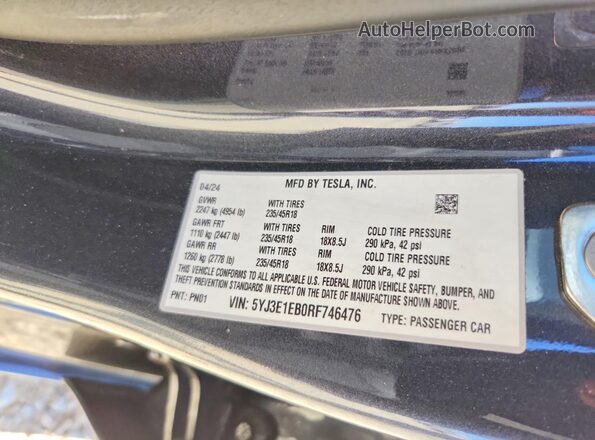 5YJ3E1EB0RF746476 2024 TESLA MODEL Угольный Вид подкапотного пространства