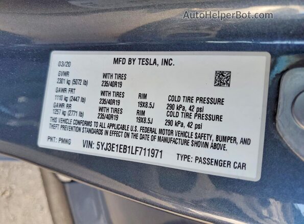 5YJ3E1EB1LF711971 2020 TESLA MODEL Gray VIN sticker view