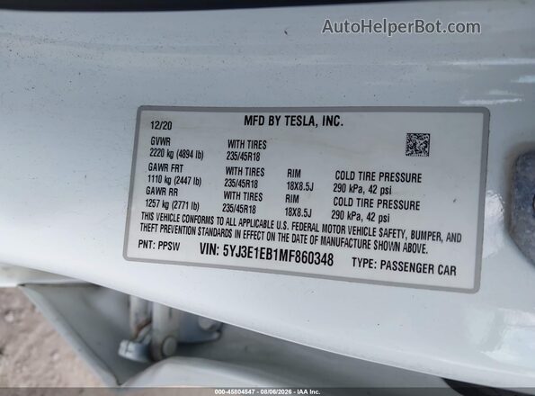 5YJ3E1EB1MF860348 2021 TESLA MODEL 3 Белый Вид подкапотного пространства