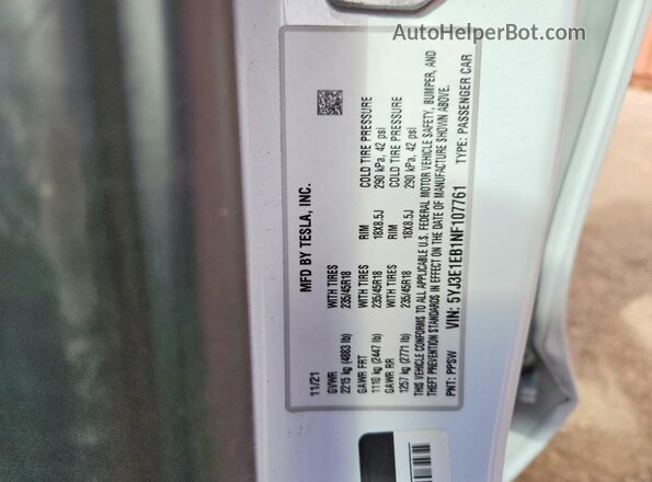 5YJ3E1EB1NF107761 2022 TESLA MODEL White Вид підкапотного простору