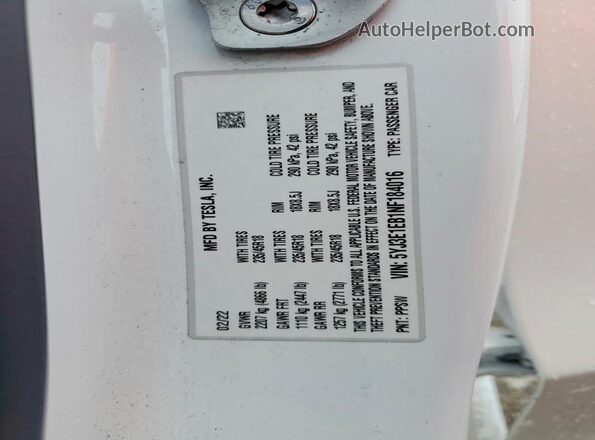5YJ3E1EB1NF184016 2022 TESLA MODEL White VIN კოდის სტიკერის ხედი