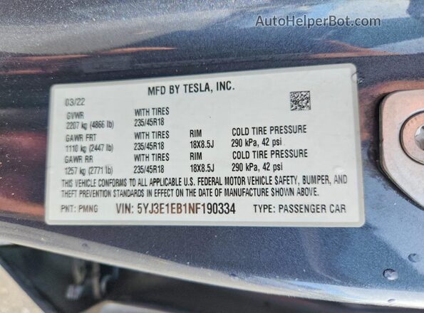 5YJ3E1EB1NF190334 2022 TESLA MODEL Серый Вид подкапотного пространства