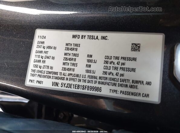 5YJ3E1EB1SF899986 2025 TESLA MODEL 3 Black Vista del compartimento del motor