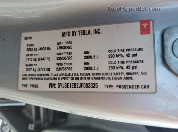 5YJ3E1EB2JF083335 2018 TESLA MODEL Silver VIN sticker view