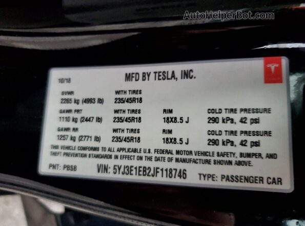 5YJ3E1EB2JF118746 2018 TESLA MODEL Черный Вид наклейки с VIN-кодом
