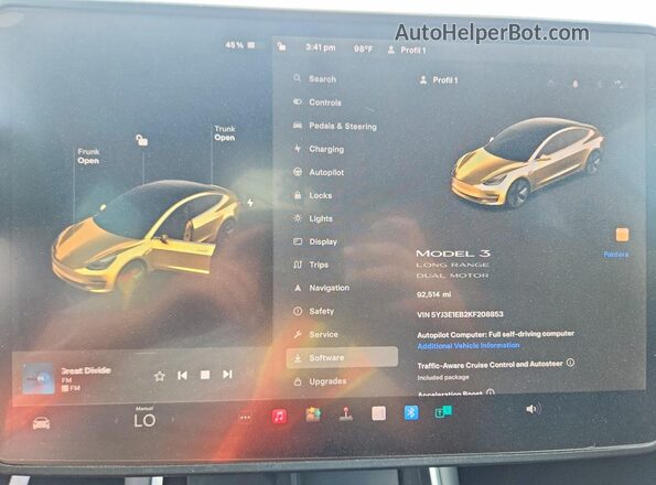 5YJ3E1EB2KF208853 2019 TESLA MODEL Black ხელსაწყოთა პანელის ხედი