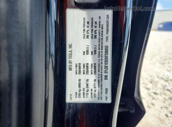 5YJ3E1EB2KF208853 2019 TESLA MODEL Black ძრავის განყოფილების ხედი