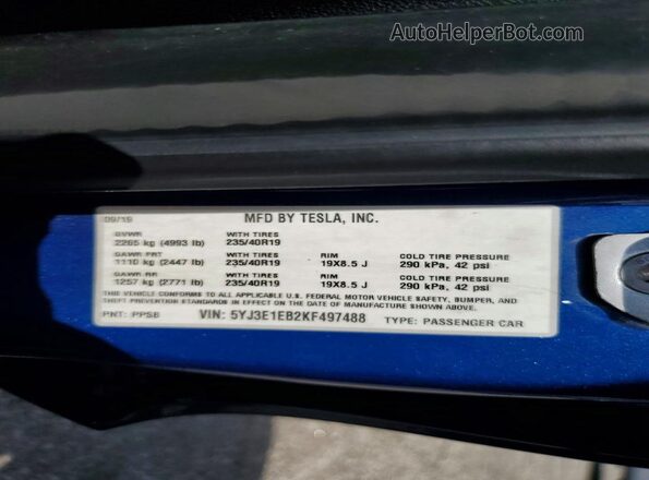 5YJ3E1EB2KF497488 2019 TESLA MODEL Blue Engine compartment view