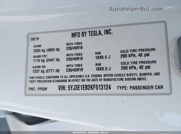 5YJ3E1EB2KF513124 2019 TESLA MODEL 3 White Engine compartment view