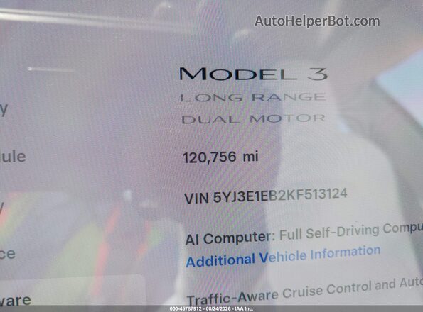 5YJ3E1EB2KF513124 2019 TESLA MODEL 3 White 