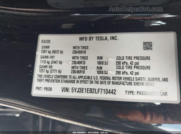 5YJ3E1EB2LF710442 2020 TESLA MODEL 3 Black Widok komory silnika