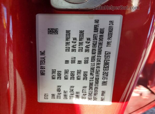 5YJ3E1EB2MF019767 2021 TESLA MODEL Red VIN კოდის სტიკერის ხედი