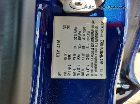5YJ3E1EB2MF049593 2021 TESLA MODEL Blue VIN sticker view