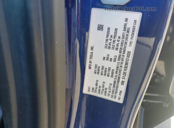 5YJ3E1EB2MF074008 2021 TESLA MODEL Blue ძრავის განყოფილების ხედი