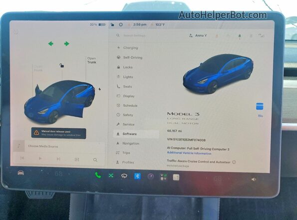 5YJ3E1EB2MF074008 2021 TESLA MODEL Blue ხელსაწყოთა პანელის ხედი