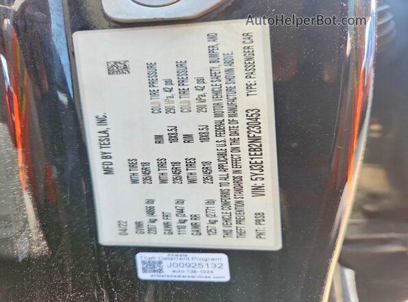5YJ3E1EB2NF230453 2022 TESLA MODEL Black Widok naklejki z numerem VIN