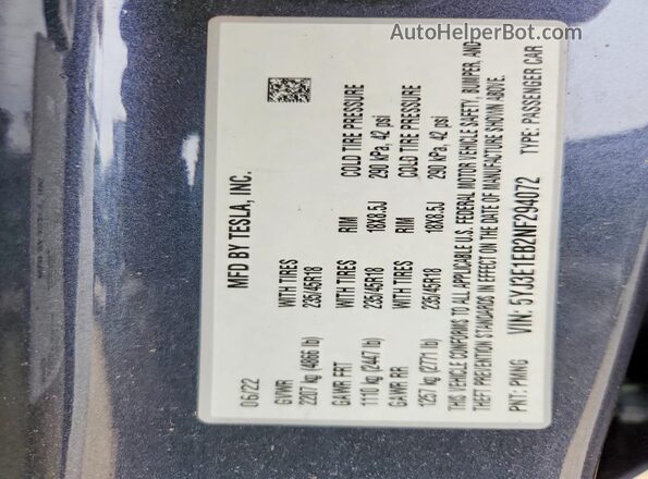 5YJ3E1EB2NF294072 2022 TESLA MODEL Gray VIN კოდის სტიკერის ხედი