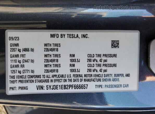 5YJ3E1EB2PF666657 2023 TESLA MODEL Серый Вид подкапотного пространства