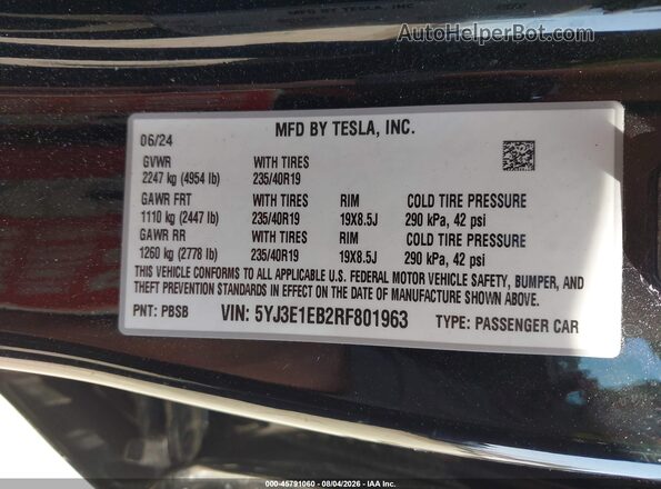 5YJ3E1EB2RF801963 2024 TESLA MODEL 3 Черный Вид подкапотного пространства