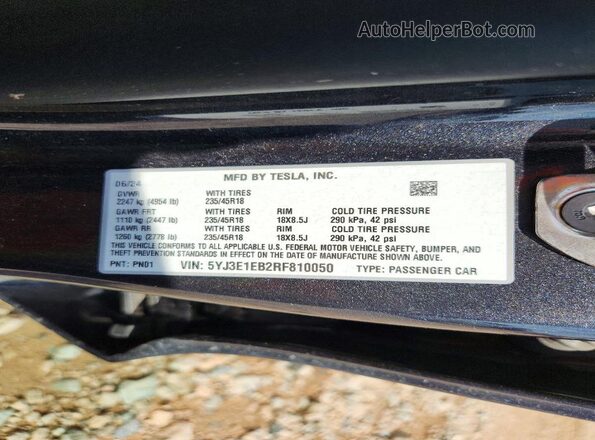 5YJ3E1EB2RF810050 2024 TESLA MODEL Gray VIN sticker view