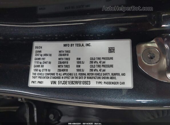 5YJ3E1EB2RF810923 2024 TESLA MODEL 3 Black Engine compartment view