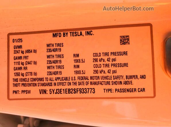 5YJ3E1EB2SF933773 2025 TESLA MODEL Белый Вид подкапотного пространства