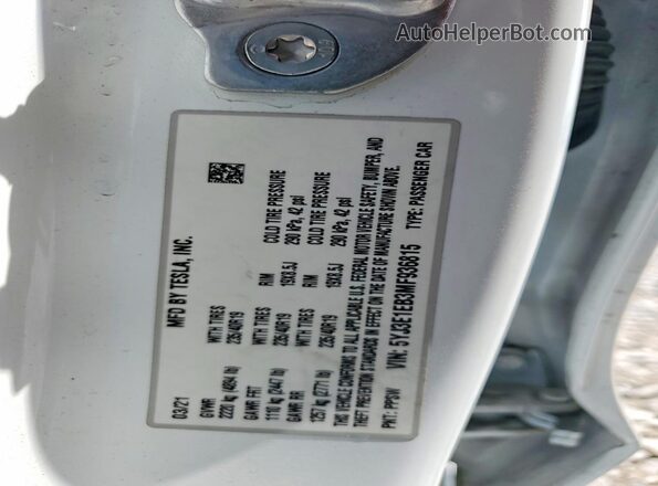 5YJ3E1EB3MF936815 2021 TESLA MODEL White VIN კოდის სტიკერის ხედი