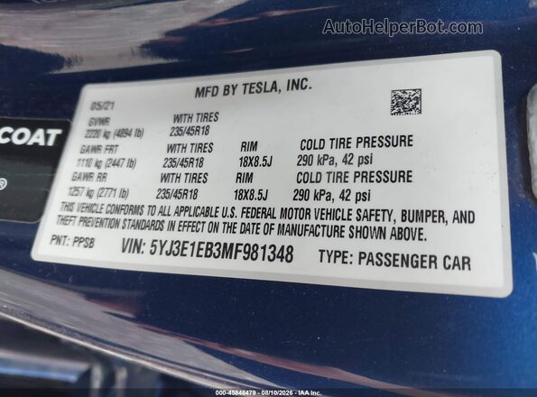 5YJ3E1EB3MF981348 2021 TESLA MODEL 3 Blue Vista del compartimento del motor