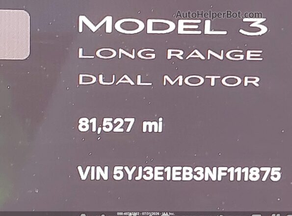 5YJ3E1EB3NF111875 2022 TESLA MODEL 3 Белый 