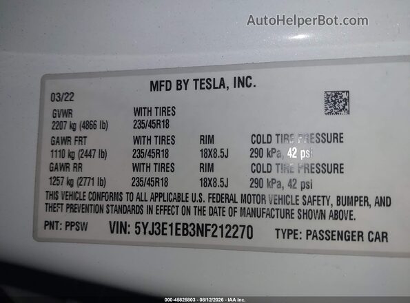 5YJ3E1EB3NF212270 2022 TESLA MODEL 3 White Շարժիչի բաժամունքի տեսք