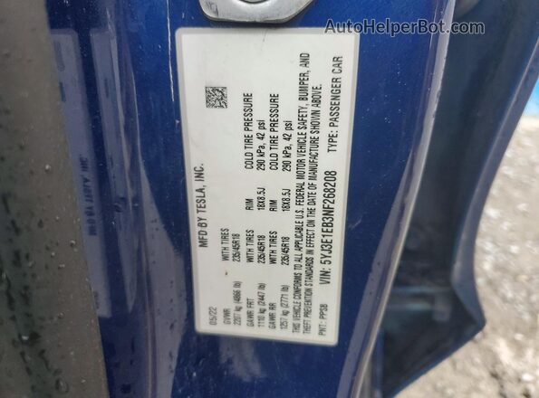 5YJ3E1EB3NF268208 2022 TESLA MODEL Blue Vista del compartimento del motor