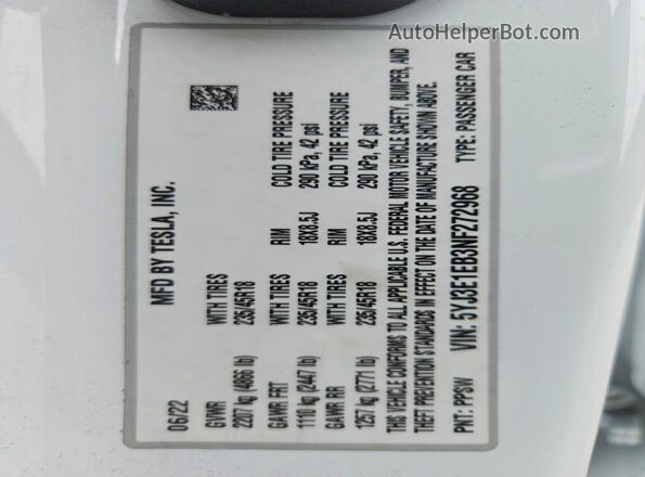 5YJ3E1EB3NF272968 2022 TESLA MODEL White Vista de la etiqueta del VIN