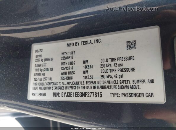 5YJ3E1EB3NF277815 2022 TESLA MODEL 3 Gray Շարժիչի բաժամունքի տեսք