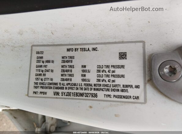 5YJ3E1EB3NF327936 2022 TESLA MODEL 3 Белый Вид подкапотного пространства