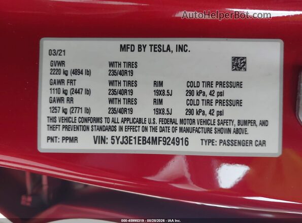 5YJ3E1EB4MF924916 2021 TESLA MODEL 3 Red Widok komory silnika