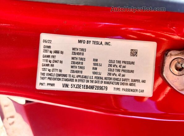 5YJ3E1EB4NF289679 2022 TESLA MODEL Красный Вид подкапотного пространства