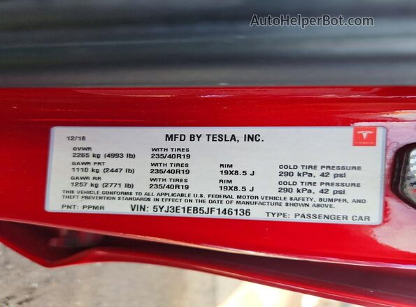 5YJ3E1EB5JF146136 2018 TESLA MODEL Красный Вид подкапотного пространства
