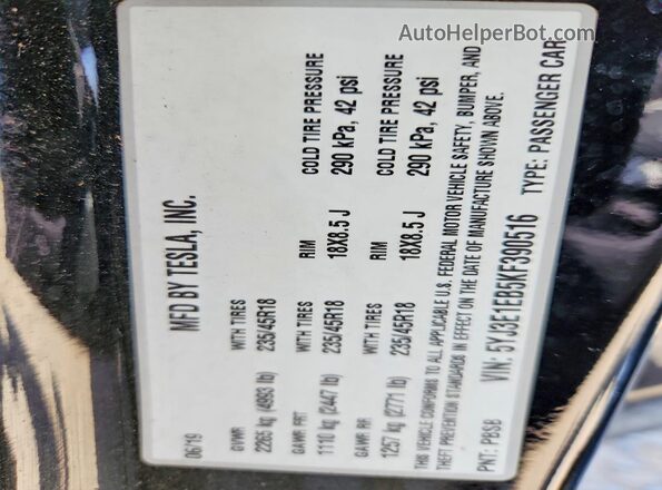 5YJ3E1EB5KF390516 2019 TESLA MODEL Black Շարժիչի բաժամունքի տեսք