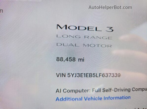 5YJ3E1EB5LF637339 2020 TESLA MODEL White Вид щитка приладів