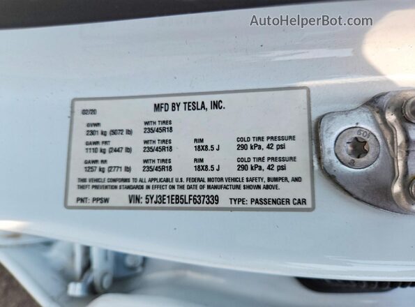 5YJ3E1EB5LF637339 2020 TESLA MODEL White Вид підкапотного простору